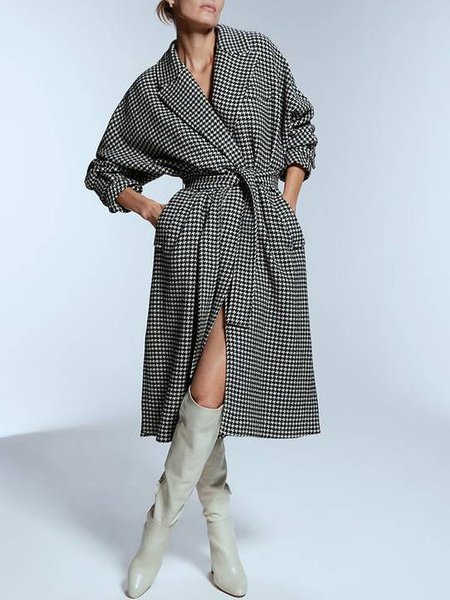 

Long sleeve Shawl Collar Urban Houndstooth Overcoat, Black-white, Coats