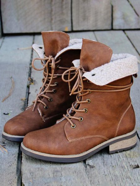 

Warm Plush Panel Lace-Up Mid Boots, Brown, Women Shoes