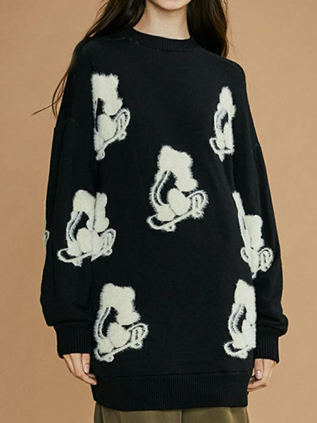

Crew Neck Casual Wool/Knitting Loose Sweater, Black, Pullovers