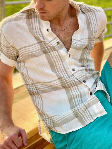 

Plaid Short Sleeve Casual Shirt, As picture, Men Shirts