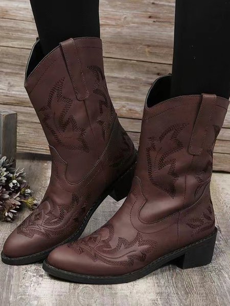 

Vintage Embroidered Soft Leather Pointed-Toe Chunky Heel Cowboy Boots, Coffee, Boots