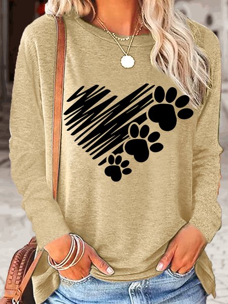 

Women's Casual Dog Paw Heart Print Dog Mom Gift Crew Neck Top, Apricot, Long sleeves