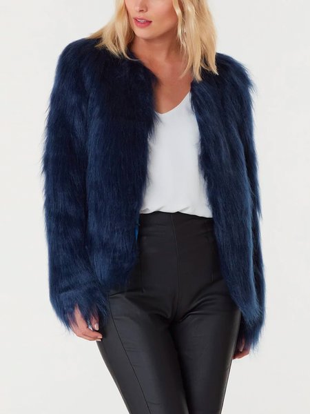 

Crew Neck Plain Elegant Long Sleeve Teddy Jacket, Deep blue, Others