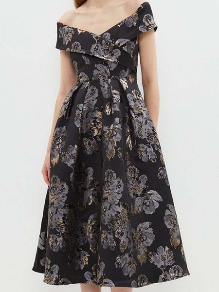 

Satin Elegant Floral Dress & Party Dress, Black, Midi Dresses