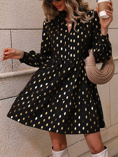 

V Neck Loose Polka Dots Casual Dress, Black, Dresses