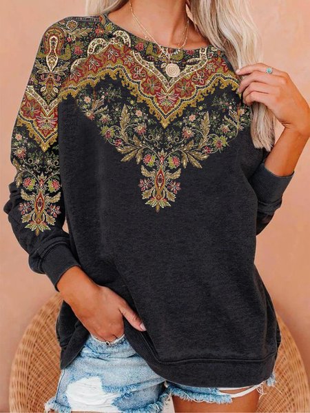 

Crew Neck Loose Vintage Ethnic Sweatshirt, Black, Sweatshirts & Hoodies