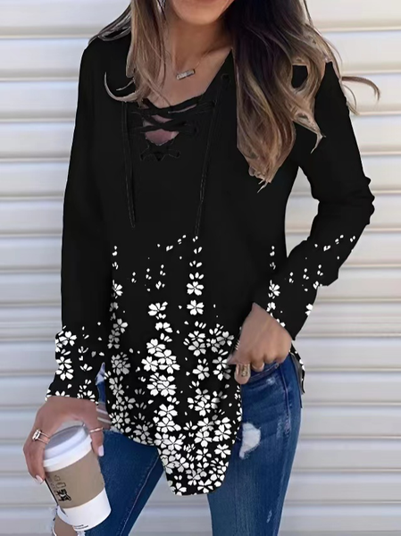 

Casual V Neck Floral Top, Black, Tunics