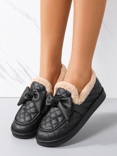 

Womens's Quilted Bow Decor Thermal Lined Loafers, Black, Flats