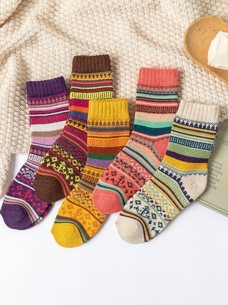 

5Pcs Ethnic Vintage Striped Pattern Cotton Socks Set, Multicolor, Socks