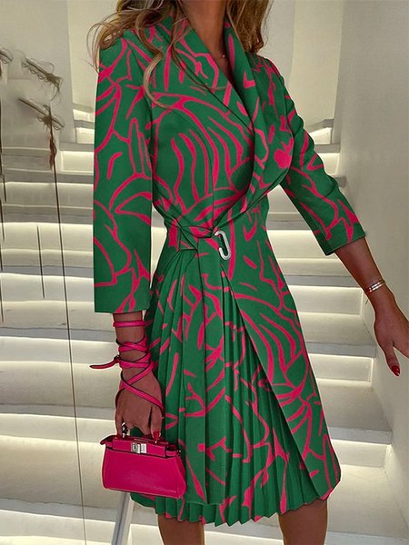 

Urban Abstract Lapel Collar Regular Fit Knee Dress, Green, Midi Dresses