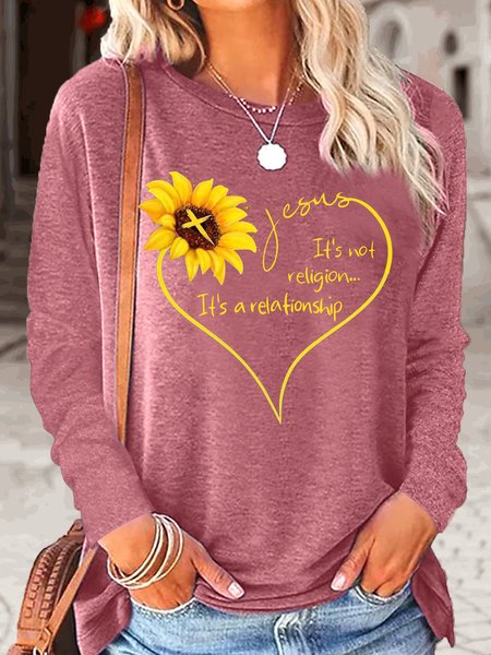 

Women's Jesus Letter Sunflower Print Casual Crew Neck Top, Pink, Shirts & Blouses