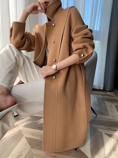

Plain Elegant Shawl Collar Mid-long Overcoat, Camel, Coats