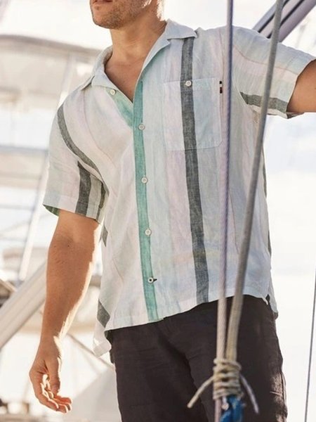 

Striped Chest Pocket Short Sleeve Casual Shirt, White, Men Shirts
