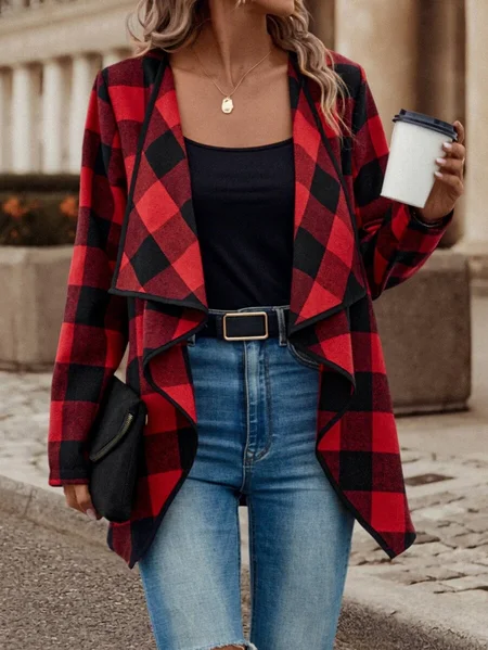 

Plaid Casual Cross Neck Loose Other Coat, Red, Cardigans