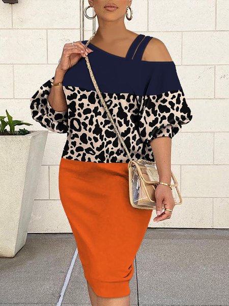 

Urban Color Block Cold Shoulder Leopard Print Dress, Orange, Midi Dresses