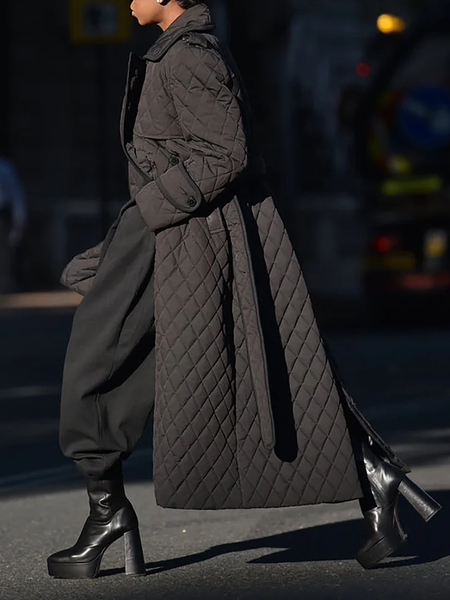 

Lapel Collar Loose Long sleeve Urban Plain Fleece Mid-long Coat, Black, Others