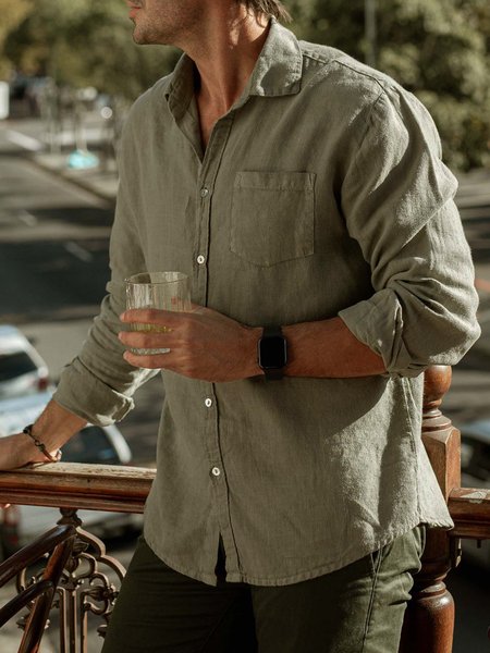 

Cotton And Linen Chest Pocket Long Sleeve Shirt, Green, Long Sleeve Shirts