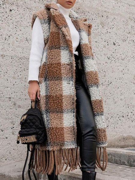 

Casual Plaid Fluff/Granular Fleece Fabric Vest, Brown, Vests & Gilets