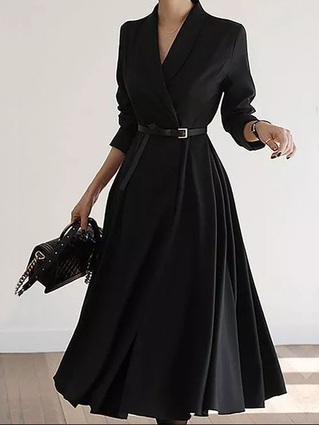

Elegant Regular Fit Lapel Collar Long sleeve Midi Dress, Black, Midi Dresses