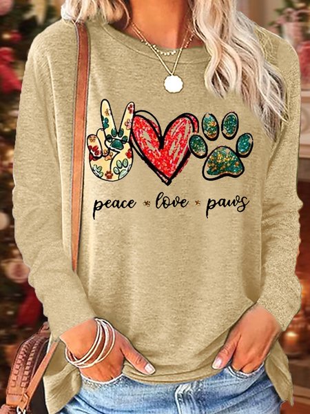 

Women's Peace Love Paw Print Casual Top, Apricot, Long sleeves