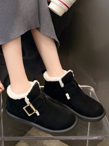 

Vintage Buckle Plush Warm Snow Boots, Black, Boots