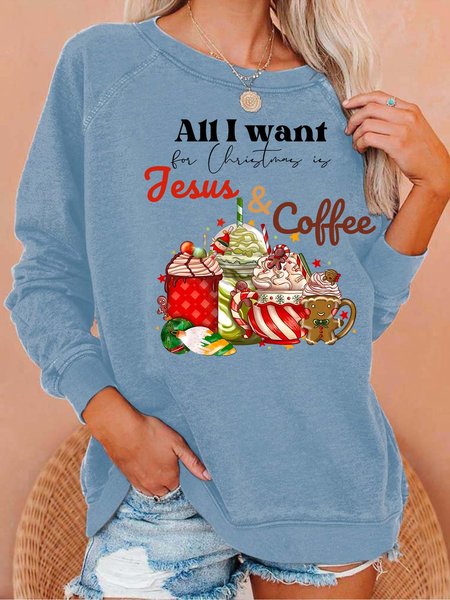 

Women’s All I Want For Christmas Is Jesus And Coffee Christmas Crew Neck Casual Loose Sweatshirt, Light blue, Hoodies&Sweatshirts