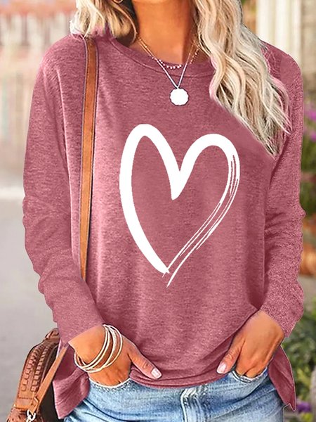 

Women's Crew Neck Heart Simple Long Sleeve Top, Pink, Long sleeves