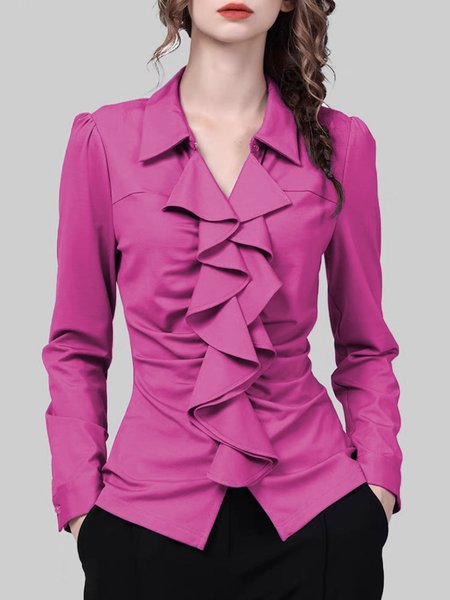 

Elegant Flouncing Regular Fit Shirt Collar Blouse, Rose red, Blouses and Shirts