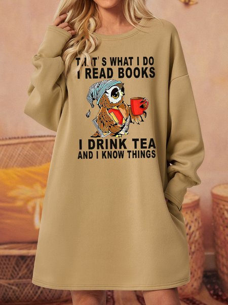 

Women Owl That’s What I Do I Read Books I Drink Tea And I Know Things Loose Casual Animal Sweatshirt Dress, Khaki, Dresses
