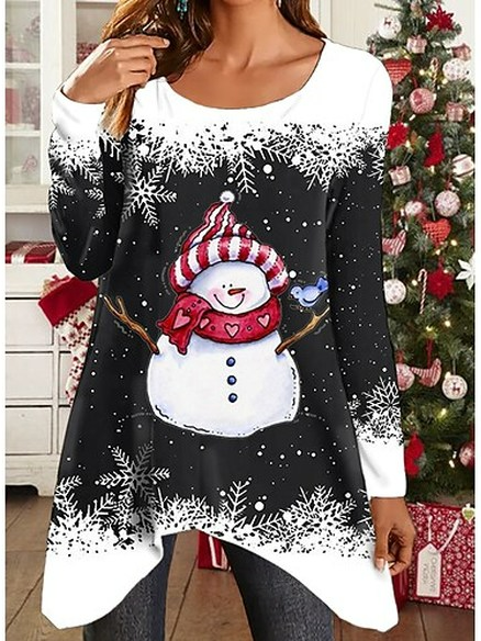 

Casual Loose Crew Neck Christmas Top, Black, Tunics