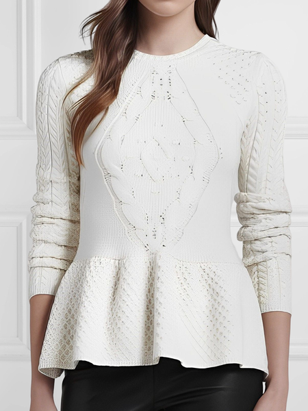 

Plain Elegant Wool/Knitting Crew Neck Sweater, White, Pullovers
