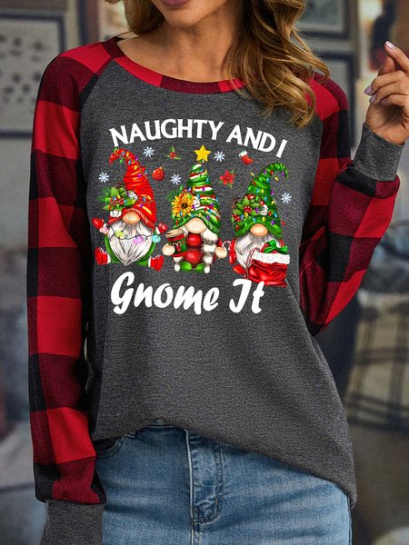 

Women’s Naughty And I Gnome It Merry Christmas Loose Casual Christmas Top, Gray, Long sleeves