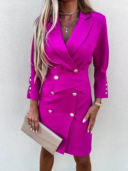 

Plain Lapel Collar Elegant Double Breasted Dress, Rose red, Midi Dresses