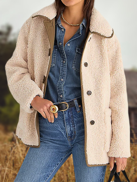 

Fluff/Granular Fleece Fabric Casual Plain Coat, Off white, Coats