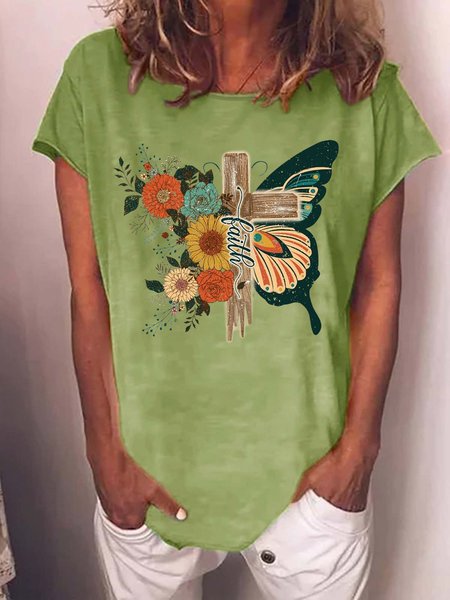 

Women's Faith Graphic Retro Floral Christian Casual Loose Butterfly Crew Neck T-Shirt, Green, T-shirts