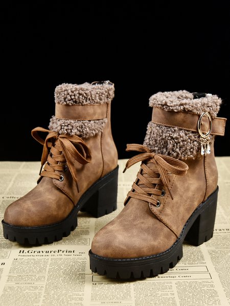 

Lamb Fleece Mosaic Crystal Pendant Chunky Heel Short Boots, Camel, Boots