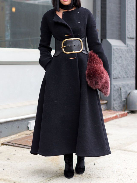 

Loose Plain Urban Crew Neck Long sleeve Overcoat, Black, Coats