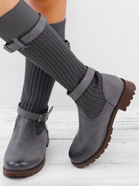 

Vintage Buckle Knit Socks Chunky Heel Sock Boots, Gray, Boots