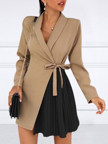 Elegant Shawl Collar Color Block Pleated Dress, Khaki, Mini Dresses