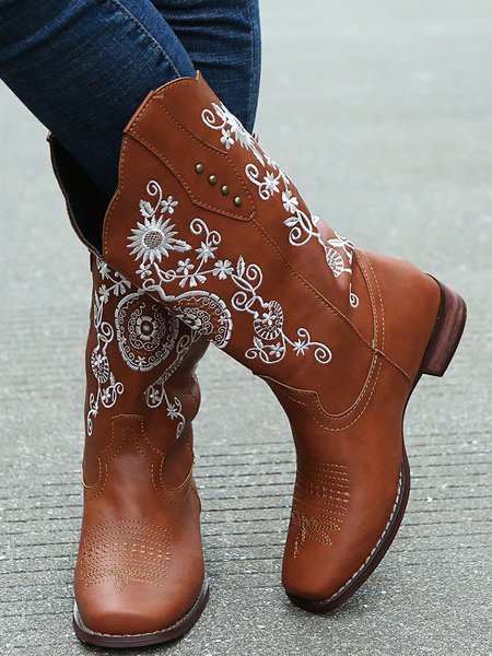 

West Style Plus Size Floral Embroidery Cowboy Boots, Brown, Boots