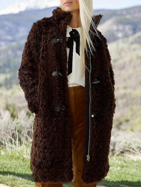 

Boho Fluff/Granular Fleece Fabric Coat, Deep brown, Coats