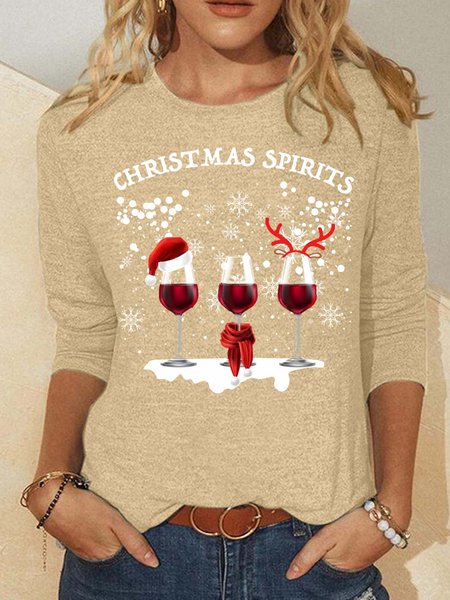 

Women’s Christmas Spirits Wine Crew Neck Christmas Casual Cotton-Blend Top, Beige, Long sleeves