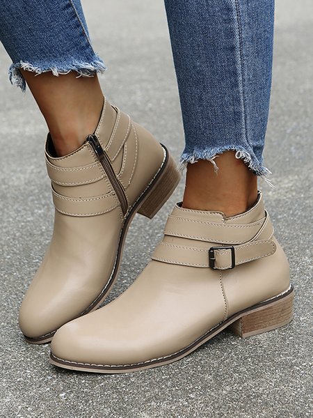 

Plain Color Plus Size Buckle Decor Side Zip Booties, Beige, Boots