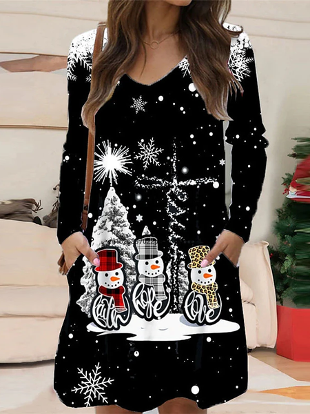 

V Neck Casual Loose Christmas Snowflake Dress, Black, Mini Dresses