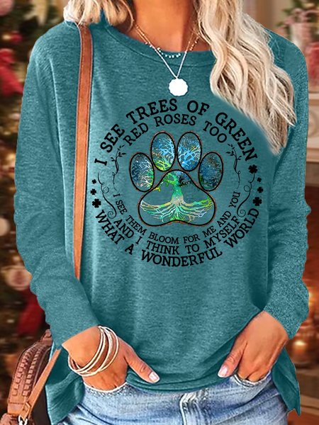 

Women's Paw Print What Wonderful World Casual Top, Green, Long sleeves