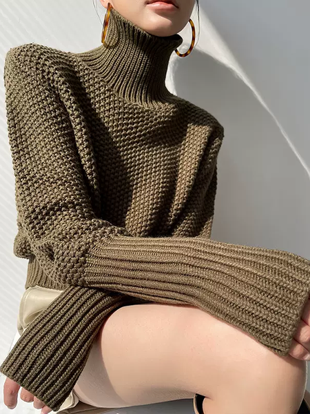 

Elegant Turtleneck Plain Sweater, Green, Pullovers