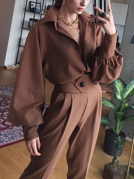 

Lantern Sleeve Plain Shirt Collar Loose Simple Blouse, Brown, Blouses and Shirts
