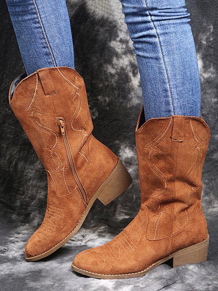 

Vintage Faux Suede Embroidery Western Boots, Yellow brown, Boots