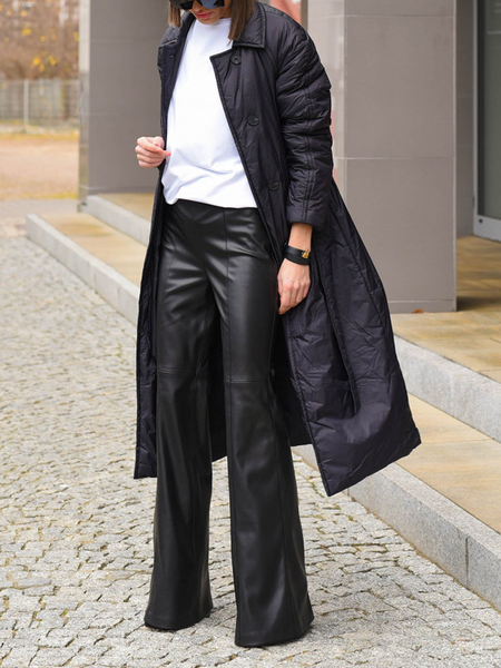 

Loose Urban Plain Shirt Collar Long sleeve Fleece Mid-long Coat, Black, Others