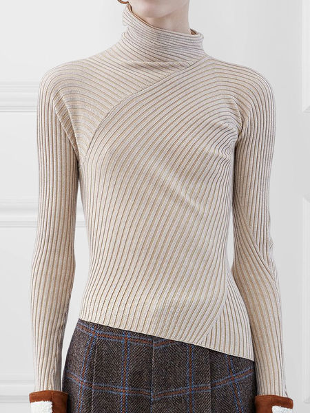 

Plain Wool/Knitting Turtleneck Elegant Sweater, Khaki, Pullovers